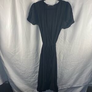 Loyd Ford Black Rayon Ruffle Wrap Midi Dress Size Small Minimalist Luxury